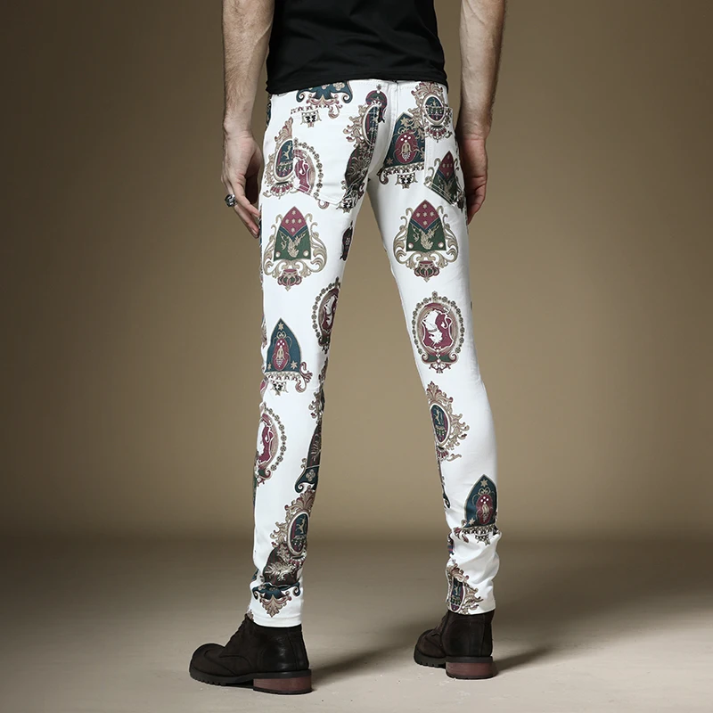 

Crown Printed Royal Jeans Skinny Jeans Homme Fashion Fancy White Stretchy Jeans Party Club Baroque Denim Trousers