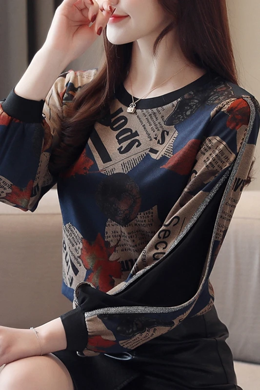 

Printed Chiffon Blouse Women's Long Sleeve Belly Covering Mesh Patchwork And Bottoming Shirt Top Loose And Slim Fit Dress