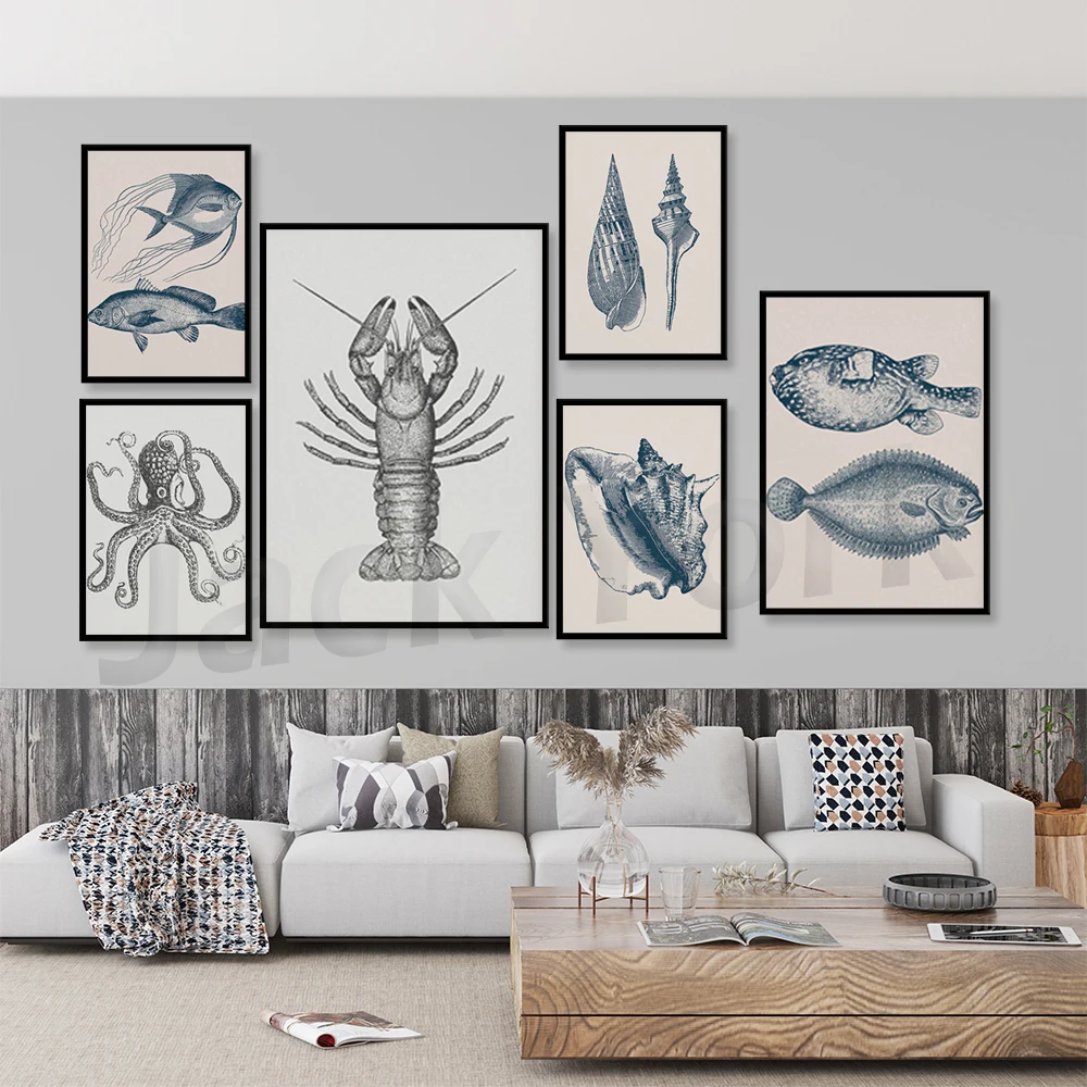 

Seashells -Vintage Hermit Crab-Lobster Print -Clam Shell Print - Octopus Print-Coastal Gray-Coastal Wall Art-Beach House Decor