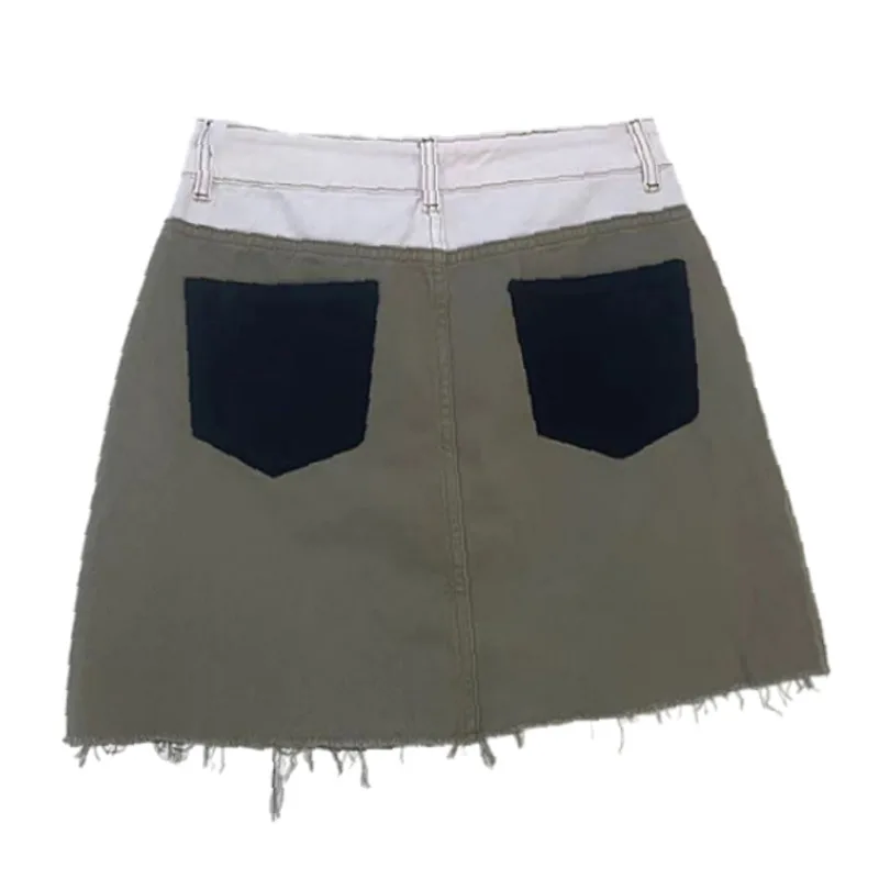 

DEAT 202 New Women Fashion Slim Fit Green Patchwork Contrast Tassel Pockets Button Fly High Waist Skirt Summer And Autumn 7E7053