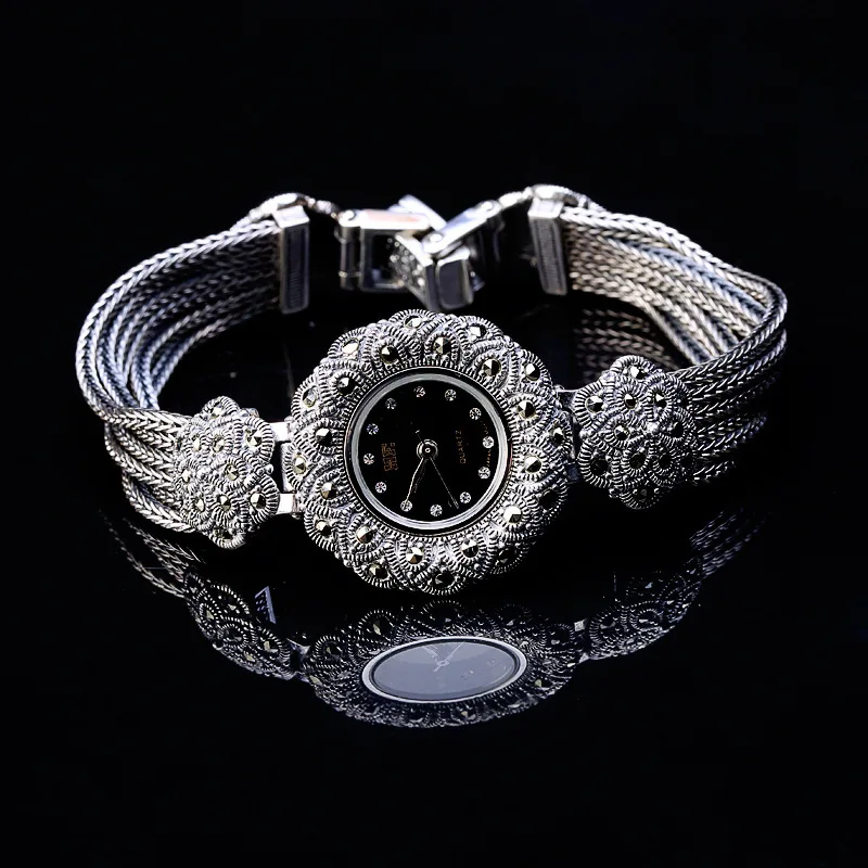 S black 165mm 925 пробы тайские серебряные инкрустированные браслет с марказитом часы для женщин трендовые винтажные часы с цветком сливы браслеты ювелирные украшения - Цвет камня: S black 165mm