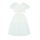 Комплект одежды для девочек, летний однотонный топ с коротким рукавом и цветочным кружевом + юбка из тюля, 2021, От 2 до 8 лет