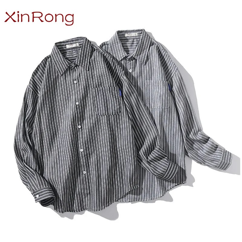 

Spring new retro youth men's shirt thin lapel jacket Japanese art striped trend long-sleeved fashion campus student men's shirt