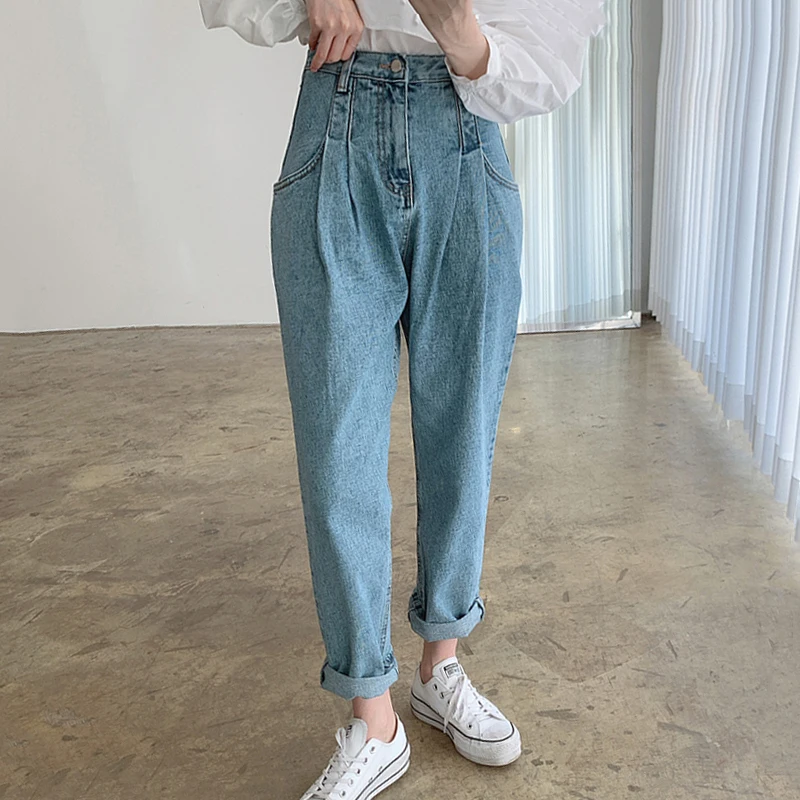

Женские брюки 2021 летние корейские шикарные универсальные прямые джинсы с высокой талией и двумя карманами тонкие складки моющиеся синие