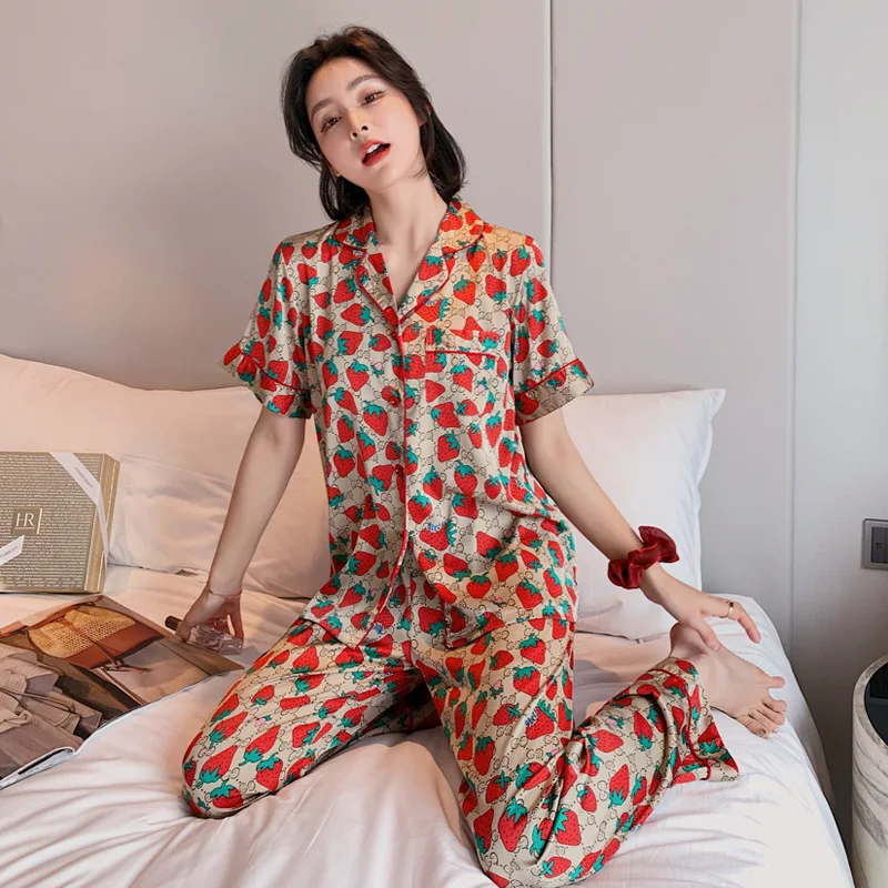 Summer Pajamas Women's Ice Thin Loose Comfortable Home Wear Fashion Short Sleeve Trousers Nightwear Suit Sleepwear Letter