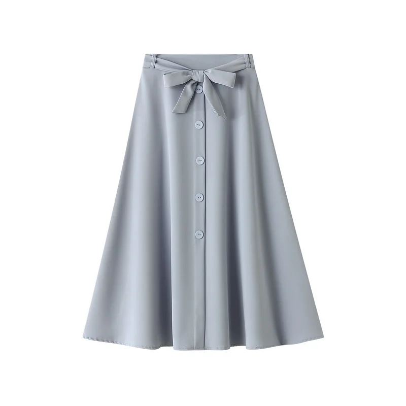 

Woman Skirts 2021 Spring Summer High Waist Bow Belt Drape Twill A Line Mid Calf Falda Female Solid Color Front Buttons Sun Skirt