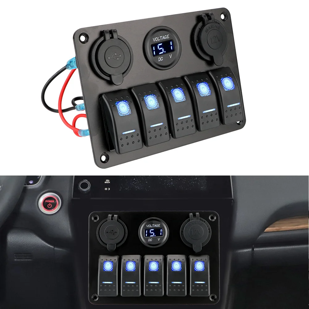 

12/24V Outlet Combination With Fuse Dual USB Slot Socket Waterproof Digital Voltage 5 Gang LED Rocker Switch Panel
