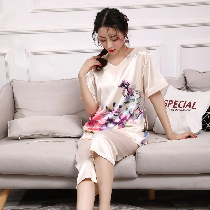 Summer Casual Short Sleeve Nightwear 2Pcs Suit Silk Plus Size Style Peacock Women's Pajamas Sets Home Wear Sleepwear Loungewear