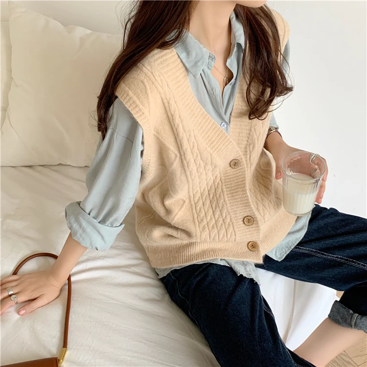 

solid loose sweater spring autumn Women's vest knitted vest v neck joker knitted vest womens vests winter outerwear plus size