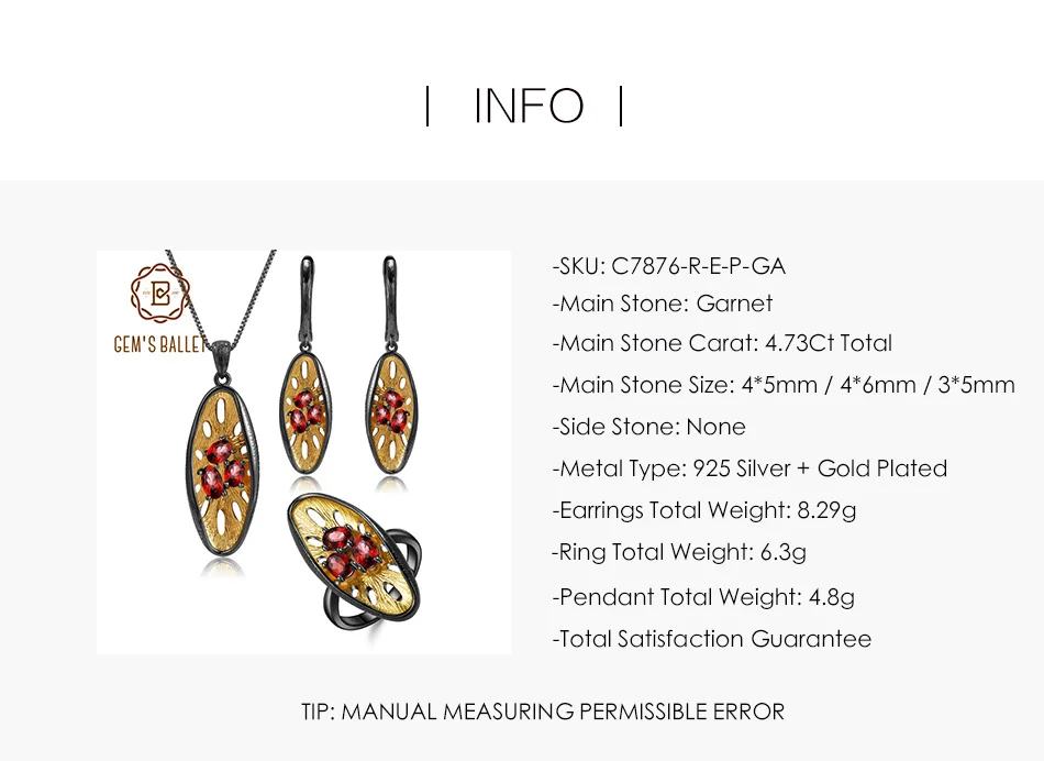 GEM'S BALLET 925 Sterling Silver Handmade Lemon Jewelry Set Natural Red Garnet Gemstones Ring Earrings Pendant Sets For Women