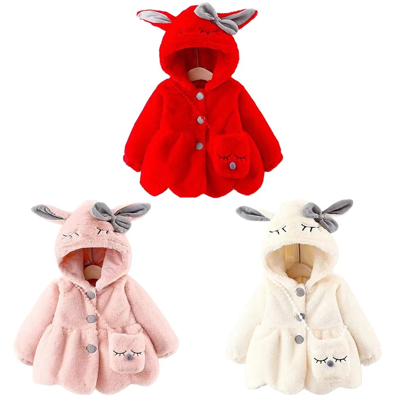 

Cute Rabbit Ears Plush Baby Jacket Christmas Sweet Princess Girls Coat Autumn Winter Warm Hooded Outerwear Toddler Girl Clothes