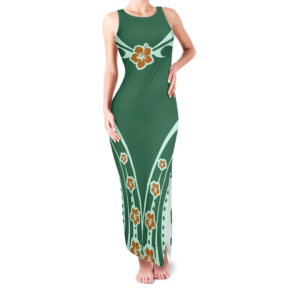 

Винтажное Зеленое Длинное Платье с принтом Полинезии, элегантное вечернее платье для вечеривечерние с рисунком гавайской гибискусы, женск...