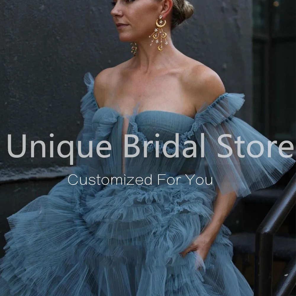 

Dusty Blue Tiered A-Line Evening Dresses Off The Shoulder Formal Party Chic Ruffles Tulle Long 2021 Vestidos De Fiesta
