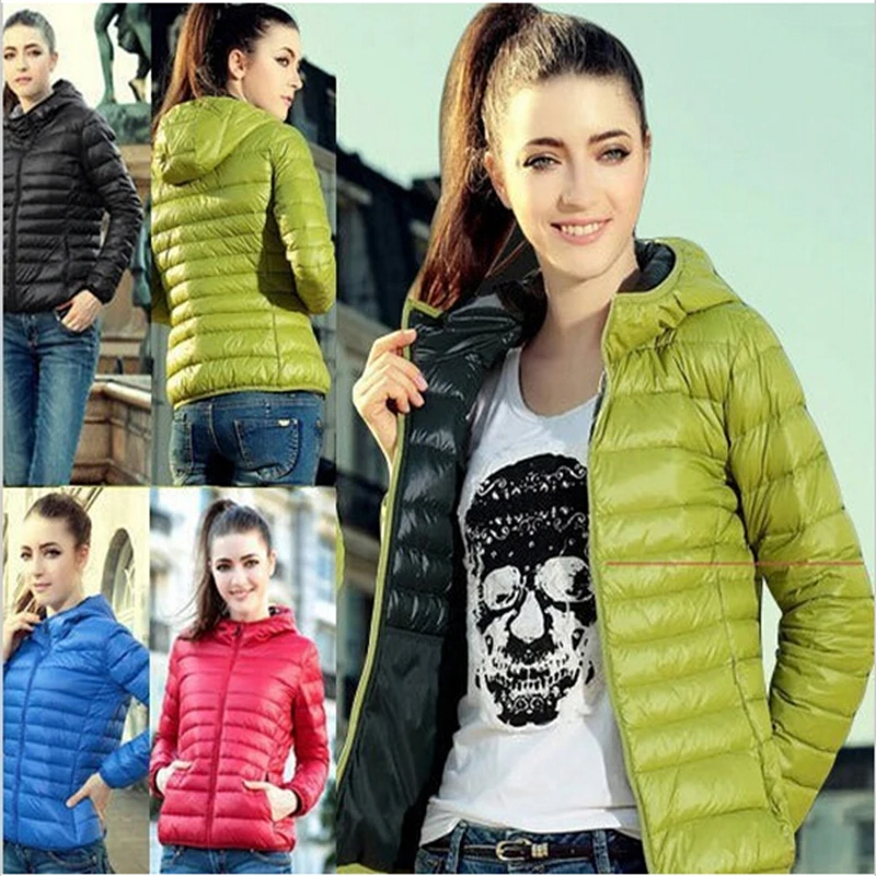 New Autumn And Winter Women's European And American Long-sleeved Hooded Thin White Duck Down Jacket Zipper Short Jacket Solid
