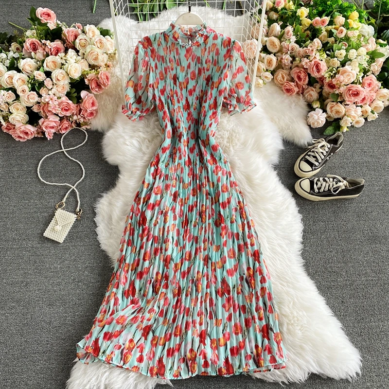 

Casual Summer Fashion Sweet Floral Retro Printed Women Pleated Dress Women Shorts Sleeve Dress Ruffles Loose Dresses SY226