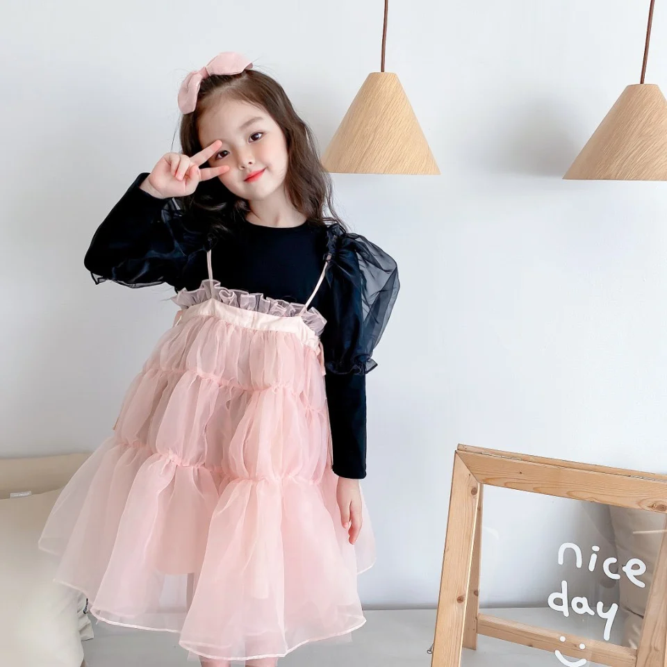 

2021 Girls clothing set black tops + pink colour straps dress sweet kids clothes set 100-150
