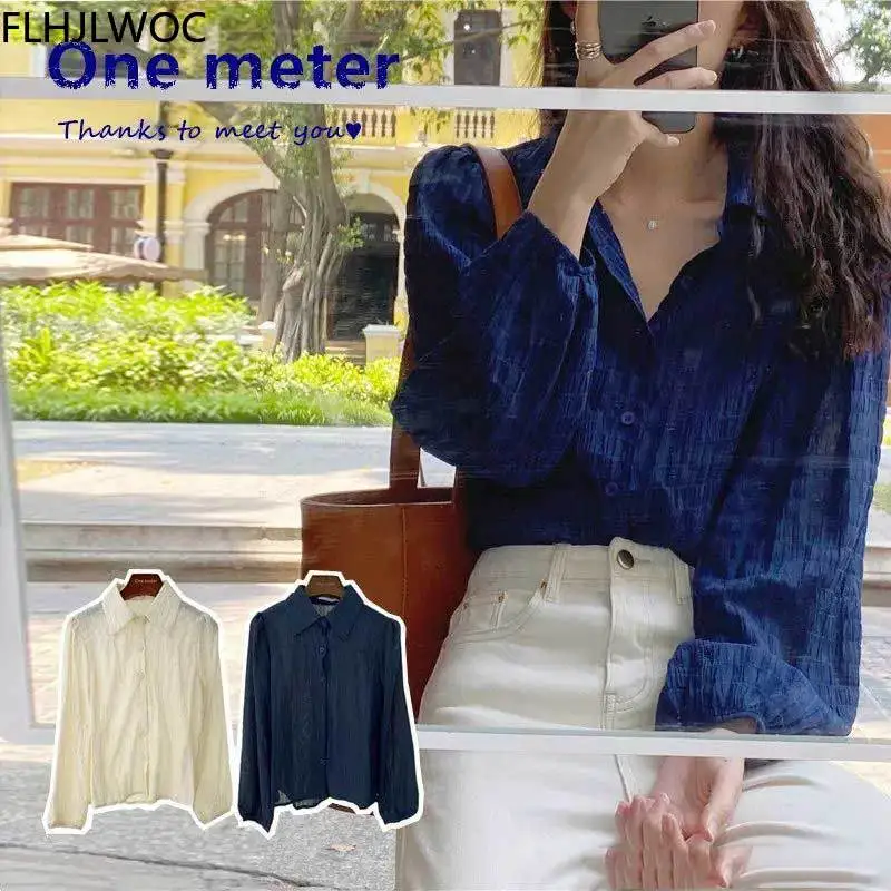 

2021 Fall Autumn Women Office Lady Long Sleeve Loose Casual Solid Single Breasted Button Shirts Chic Korea Tops