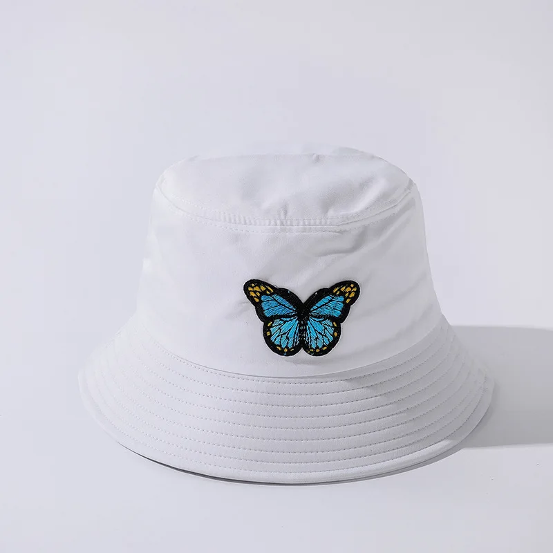 

New Fashion Unisex White Bucket Hats Women Butterfly Top Quality Canvas Hat Outdoor Travel Sun Caps for Women Embroider Gorros C