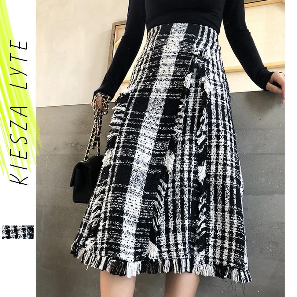 Женская твидовая юбка с высокой талией Мягкая шерстяная клетчатая миди