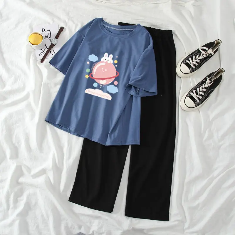 

One Piece/set of Summer Jacket Wide Leg Casual Pants T-shirt Trendy Fashion New Loose Cute Cartoon Beautiful Girl Sweet Suit