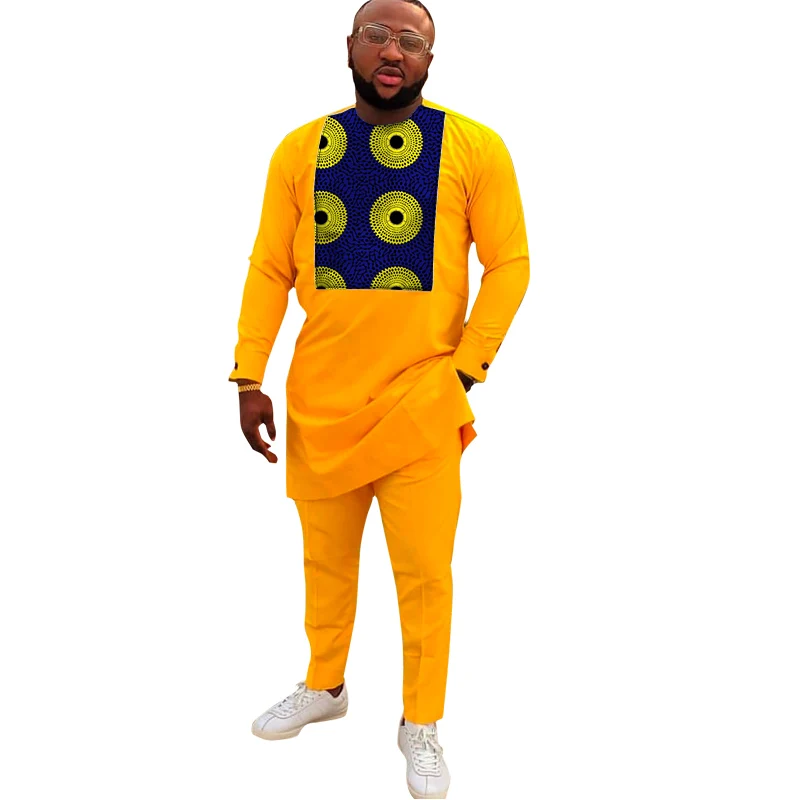 Мужской комплект одежды желтый хлопковый лоскутный топ с Африканским принтом +