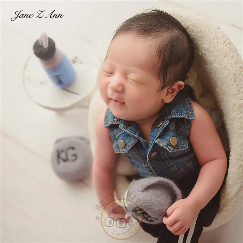 Jane Z Ann Newborn baby blue denim fashion cool boy twins brother vest +sports pants set studio shooting accessories | Детская одежда и