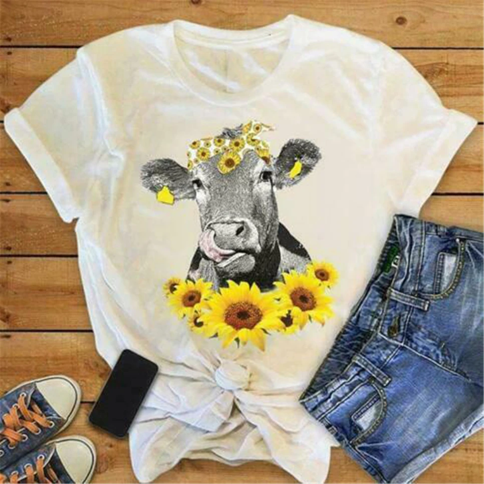 

Cow With Sunflowers Ladies T-Shirt White Cotton S-3Xl Printing Tee Shirt