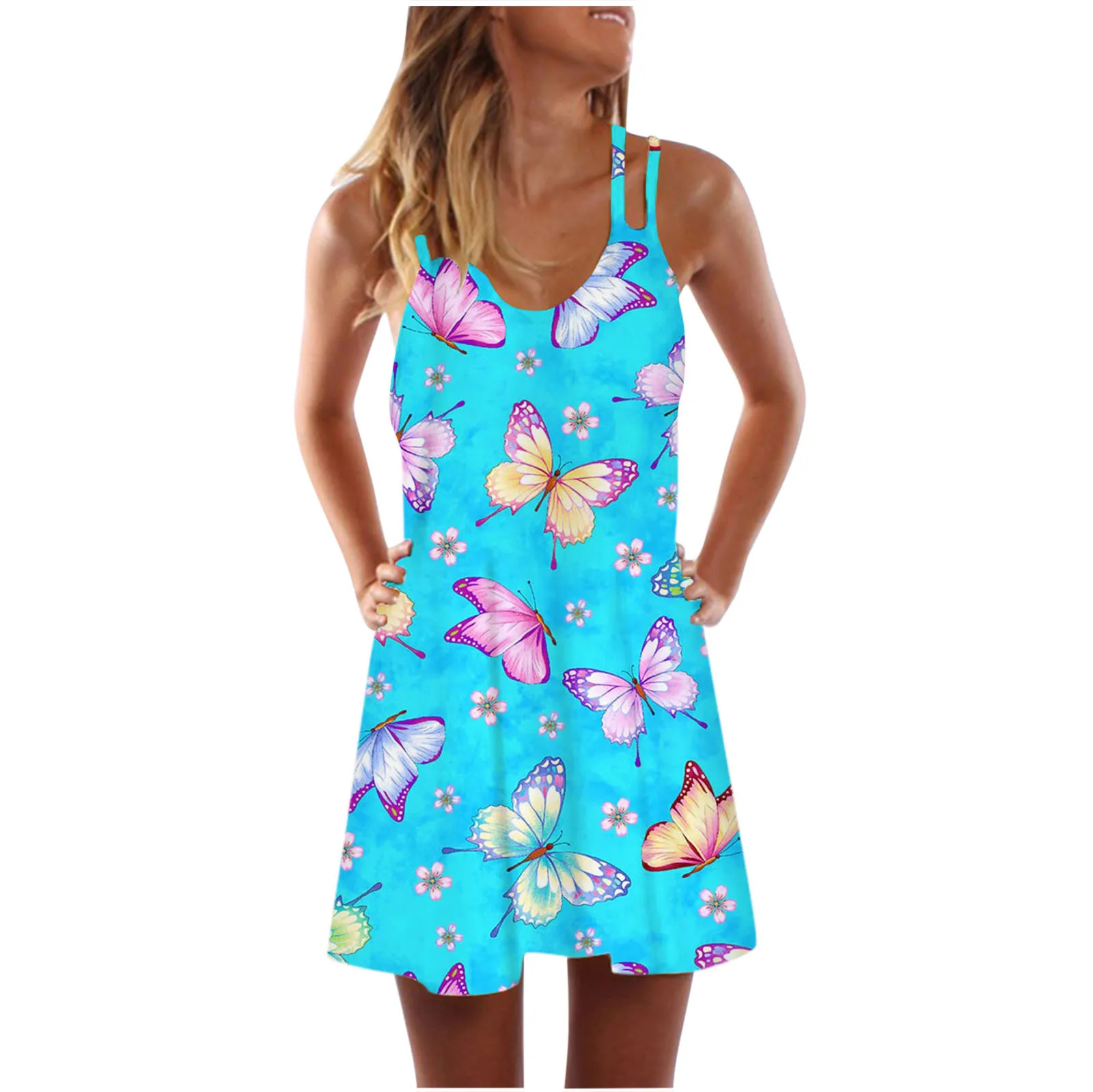 

2021 Women's Suspender Dress Sexy V Neck Short Skirt Casual Plus Size Spaghetti Strap Dress Butterfly Print Clothing Summer New