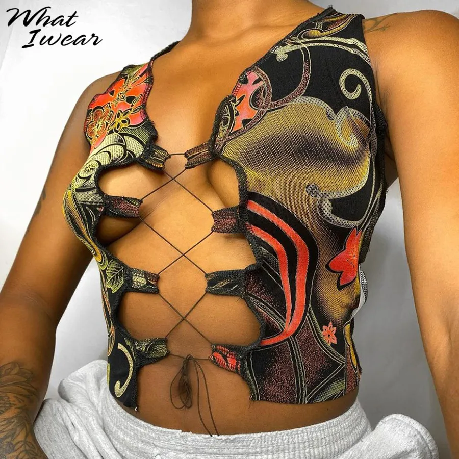 

Whatiwear Women Bandage Sexy Tank Top Print Crop Tops Patchwork Soft Fabirc Tops Sleeveless Party Club Autumn 2021 Female Basic