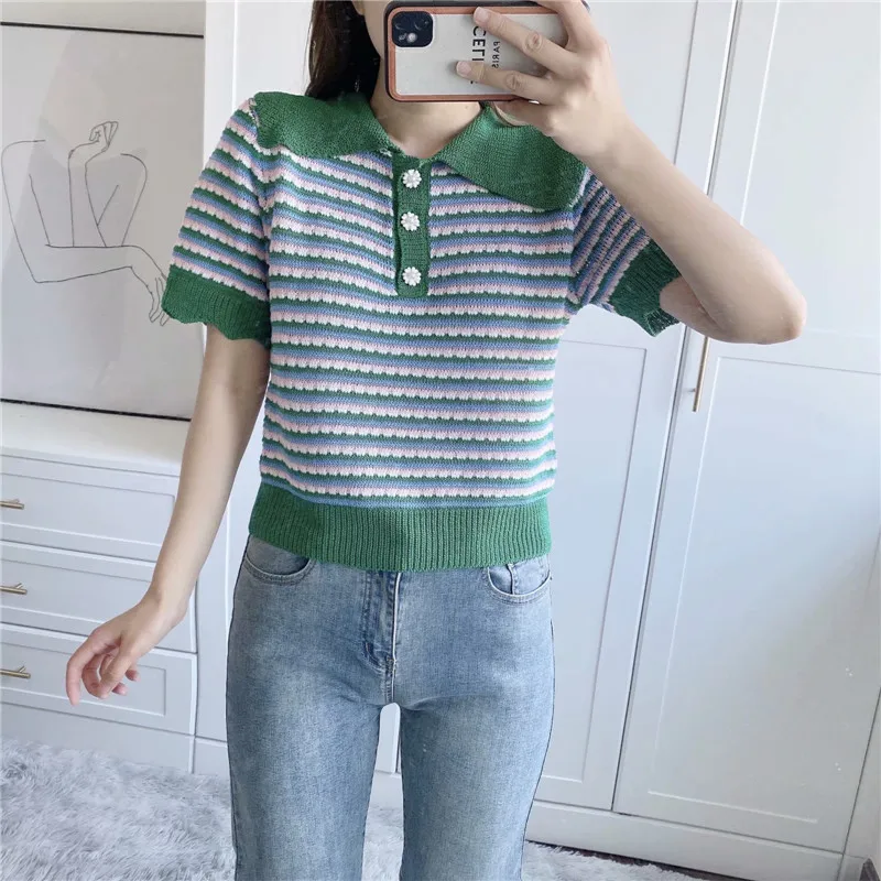 

Za 2021 Vintage Striped Knit Shirt Women Short Sleeve Polo Neck Jewel Button Summer Top Female Chic Slim Green Knitted Shirts