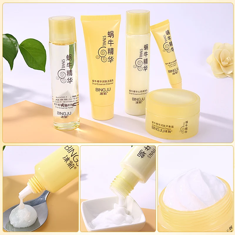 

BINGJU 5 Pcs Snail Face Skin Care Set Day Cream Essence Eye Cream Anti Aging Repair Whitening Moisture Nursing Facial Snail Set