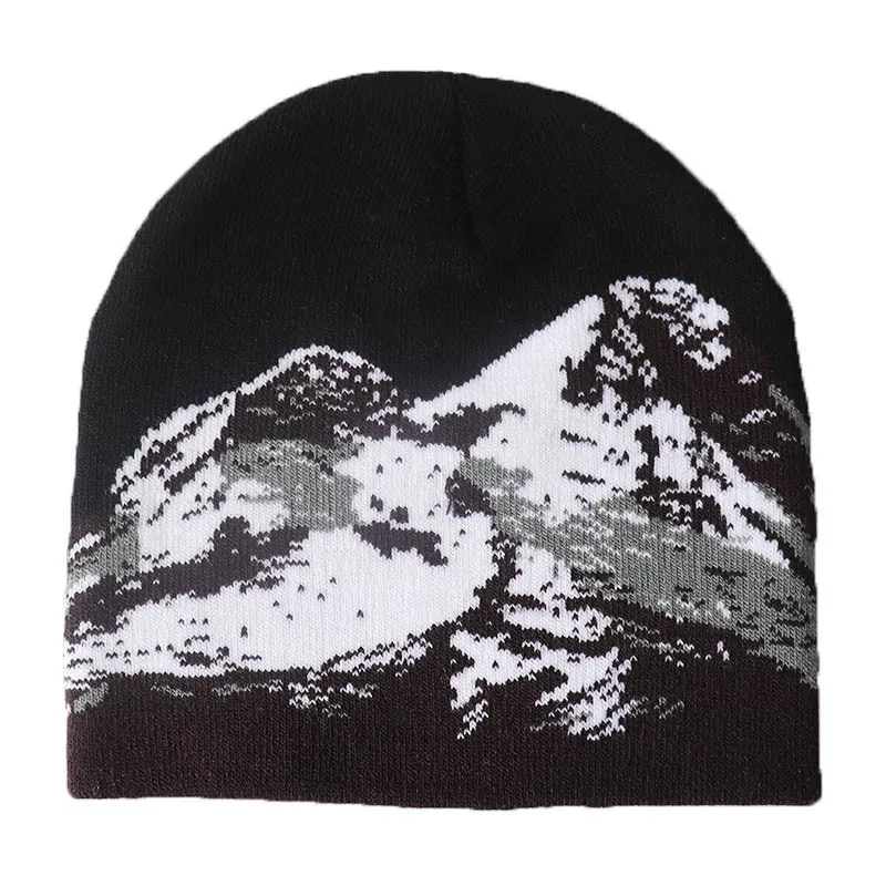 

big snow mountion Jacquard beanie hat unisex 100% cotton flexible soft black hip hop beanies warm fashion winter knitted hats