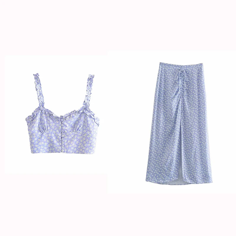 

REUL Women Za 2021 Summer Chic Fashion Floral Print Hem Slit Midi Skirt Vintage High Waist Back Zipper Female Set Skirts Mujer
