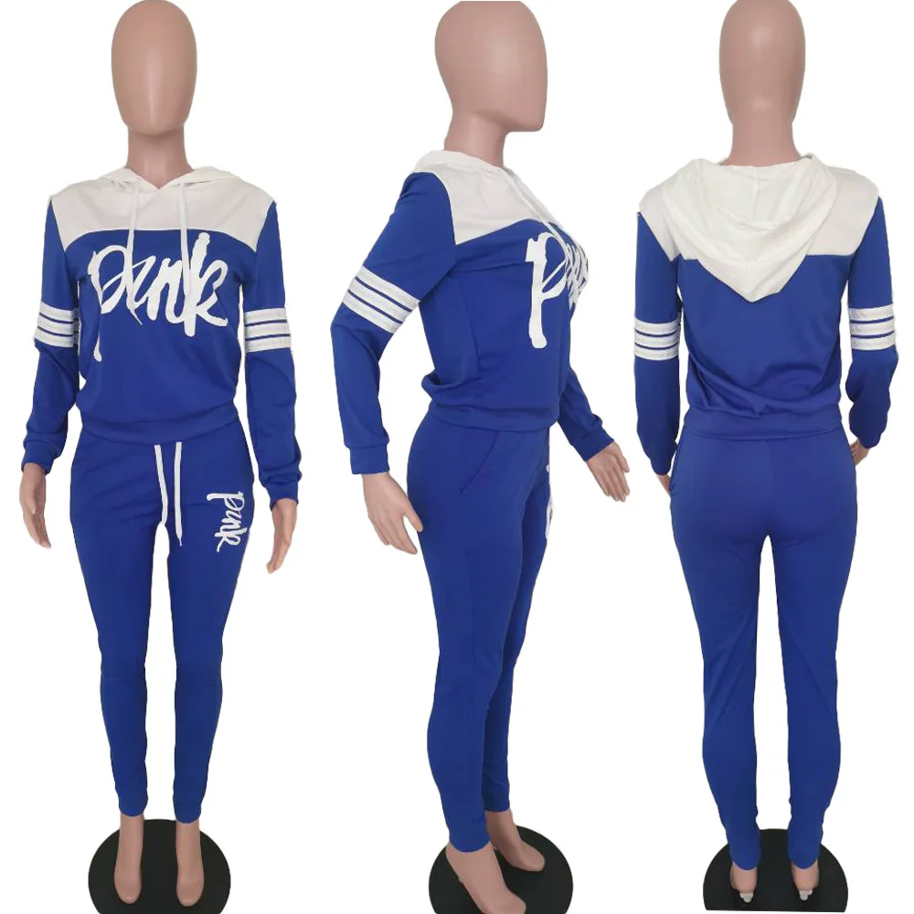 

XXL Autumn Winter Two Piece Set Striped Patchwork Pink Letter Print Tracksuit Long Sleeve Sweatshirts Hoodies Pants Suit Outfit