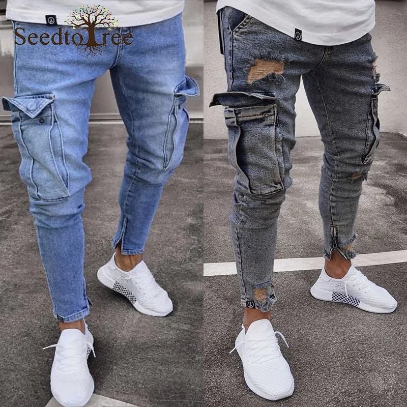 Men's Slim Stretch Jeans with Big Pockets and Ripped Zipper Denim Trousers Hole Pencil Pants