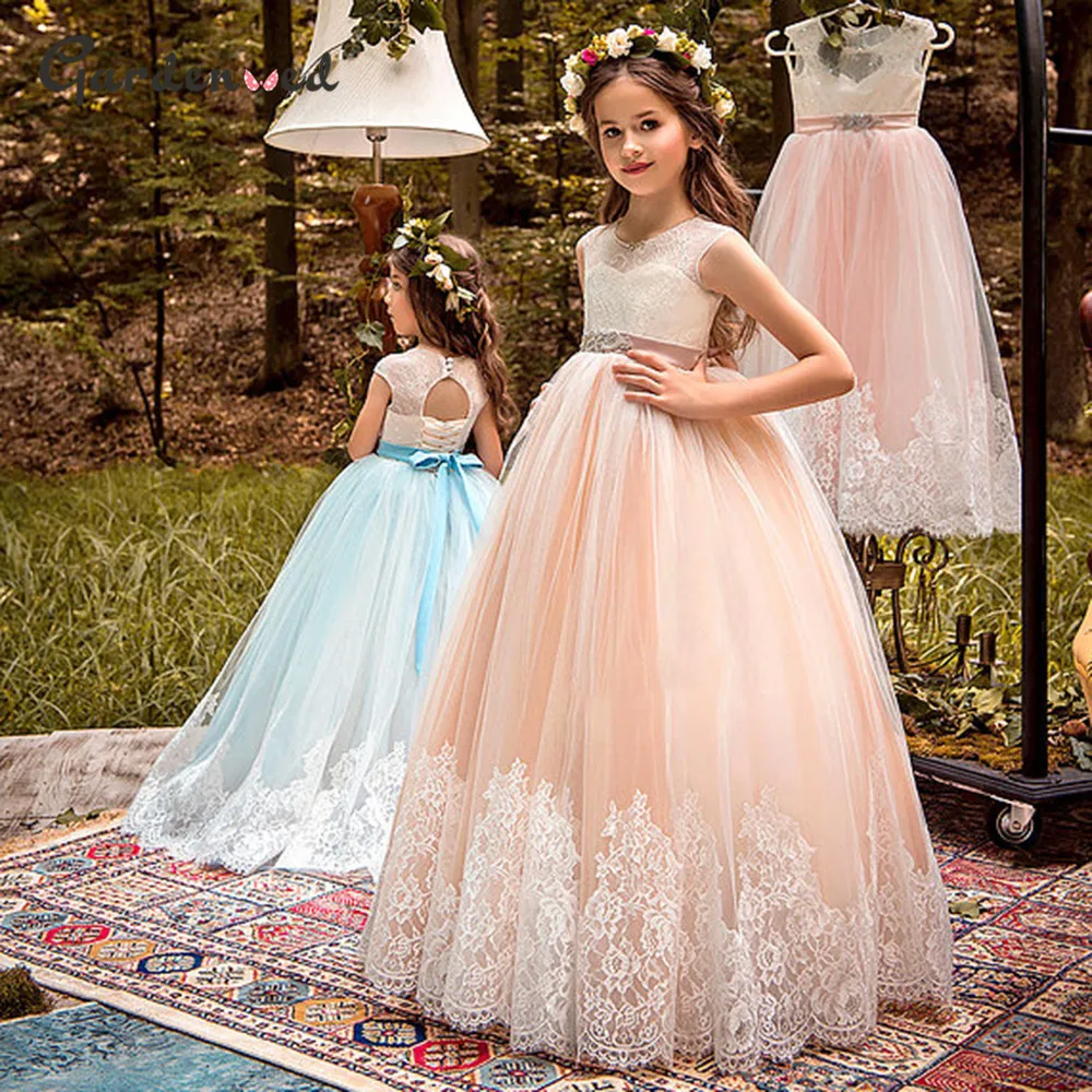 

Puffy Girl Princess Dress Lace Flower Girl Dress For Wedding Girl Dress Sleeveless Kid Dress First Communion Gown