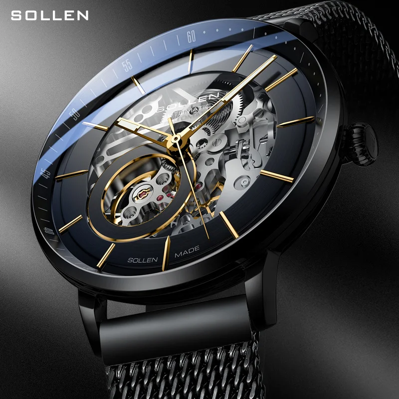 

Switzerland Luxury Brand SOLLEN Automatic Mechanical Men‘s Watches Sapphire Waterproof Dual Skeleton Luminous Steel Watch SL316