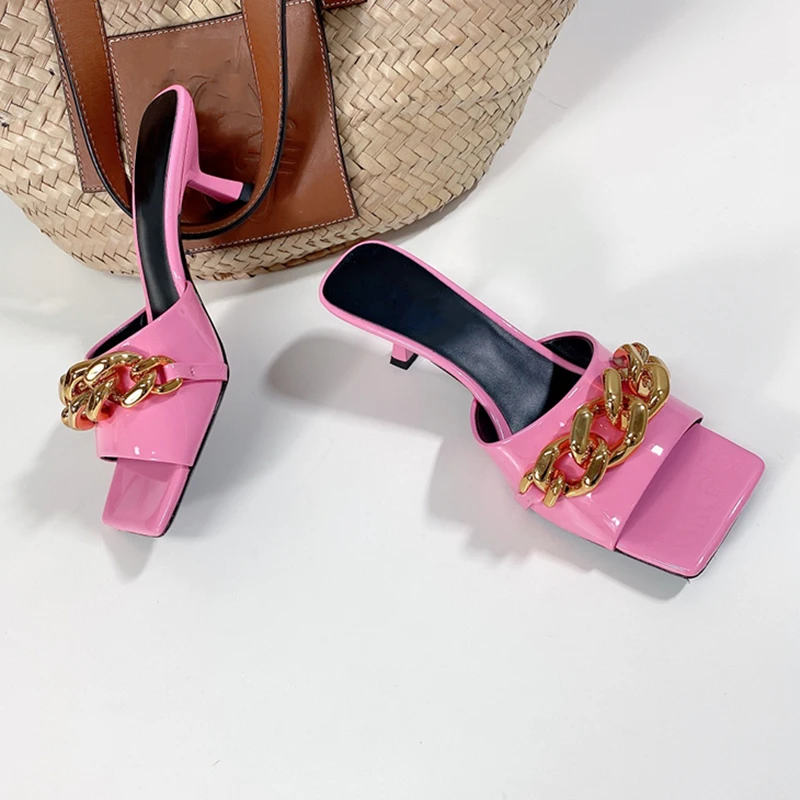 

Women Square Toe Slippers 2021 Brand Design Slip-on Shoes Female High Heels 6.5cm Metal Decoration Slippers