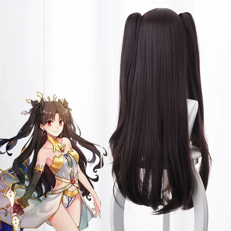 

FGO Fate Ishtar Ryo Tosaka Rin Bow Dark Brown Double Ponytail Cos Wig Anime Cosplay Game Fluffy Long Straight Female Kawaii Wig