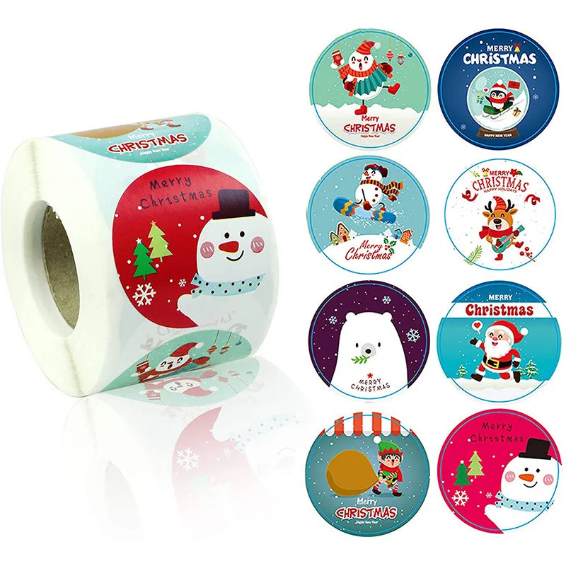 

Roll of 8 Christmas Snowman Tree Penguin Elk Holiday Gift Envelope Sticker Label