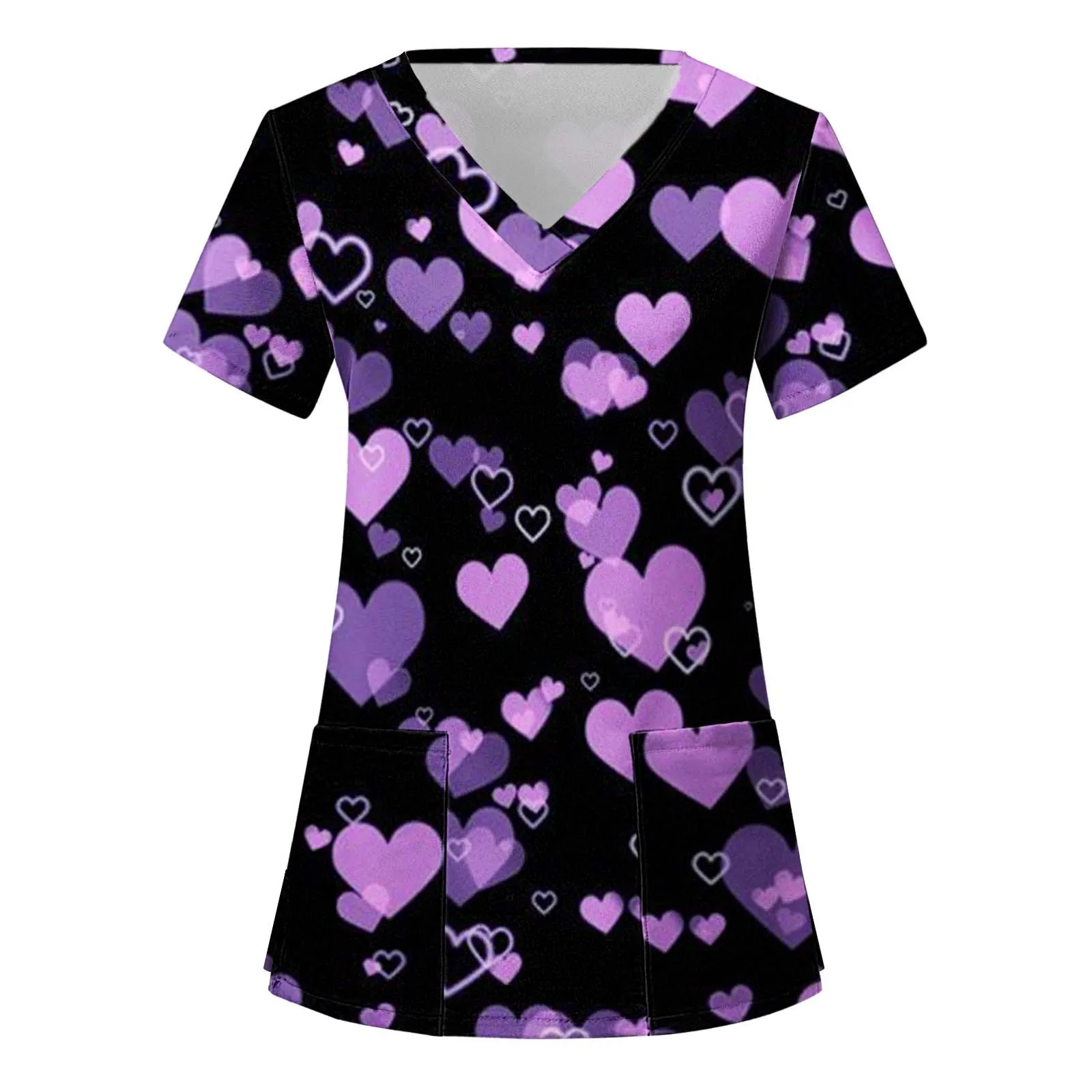 

Valentine’s Day Women Working Uniform Heart Print Pocket Blouse Nurse Shrit Short Sleeve V-neck Scrub Tops Healthcare Care Tunic
