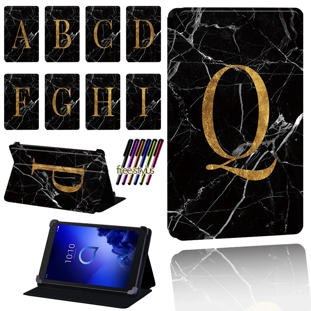 

For Alcatel 1T 7 10/3T 8 10/A3 10 Tablet Black Marble Letter Scratch Resistant Lightweight Protective Case Cover + Pen