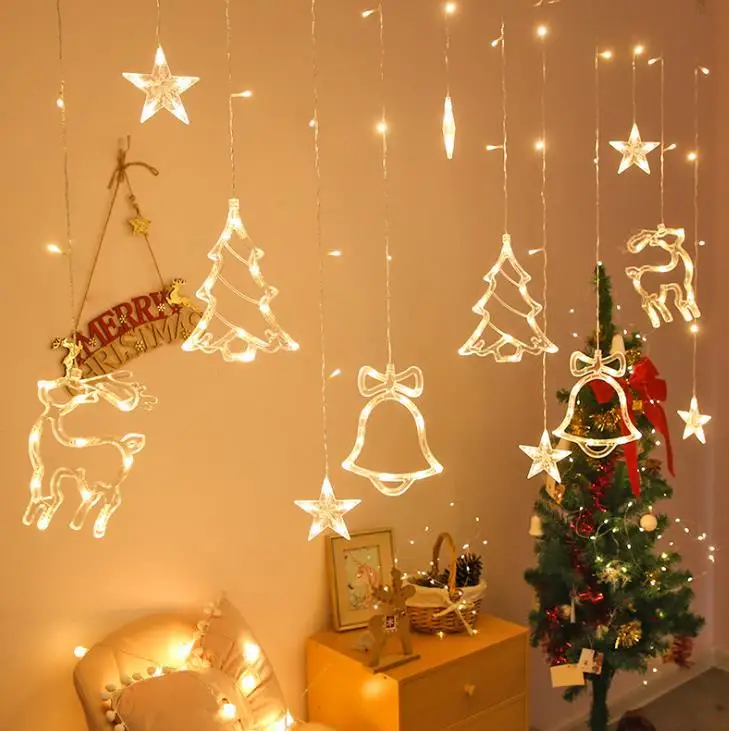 

Christmas String Light Decoration LED Curtain Bell Tree Elk Pendants Fairy Outdoor Indoor Home Bedroom Wall Decor 3.5meters 2pcs