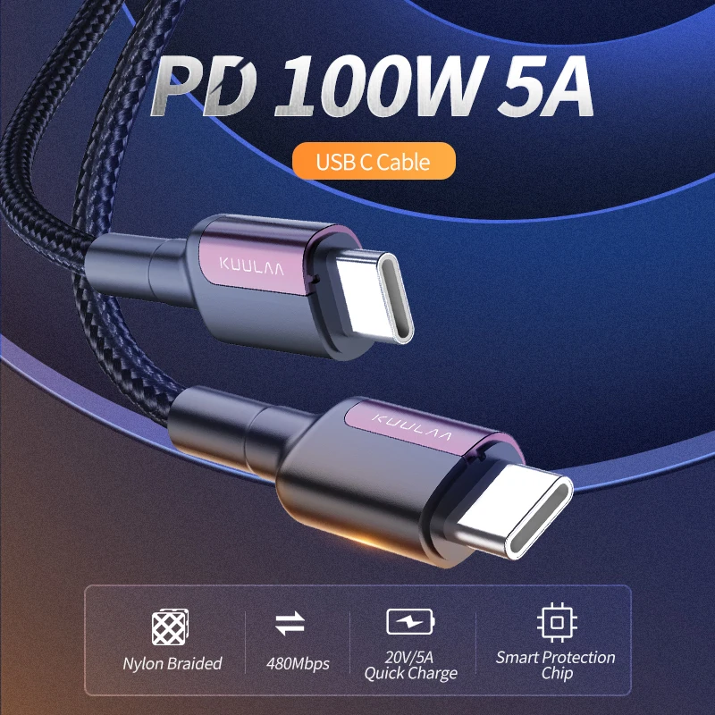 KUULAA PD 100 Вт USB Type C к кабель 5A Быстрая зарядка зарядный для Samsung S20 Xiaomi Huawei Oneplus Macbook