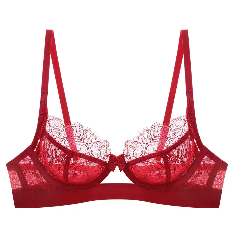 

Super thin sexy bra suit eyelash lace translucent underwear underwear women's big chest show small bra Han banchao