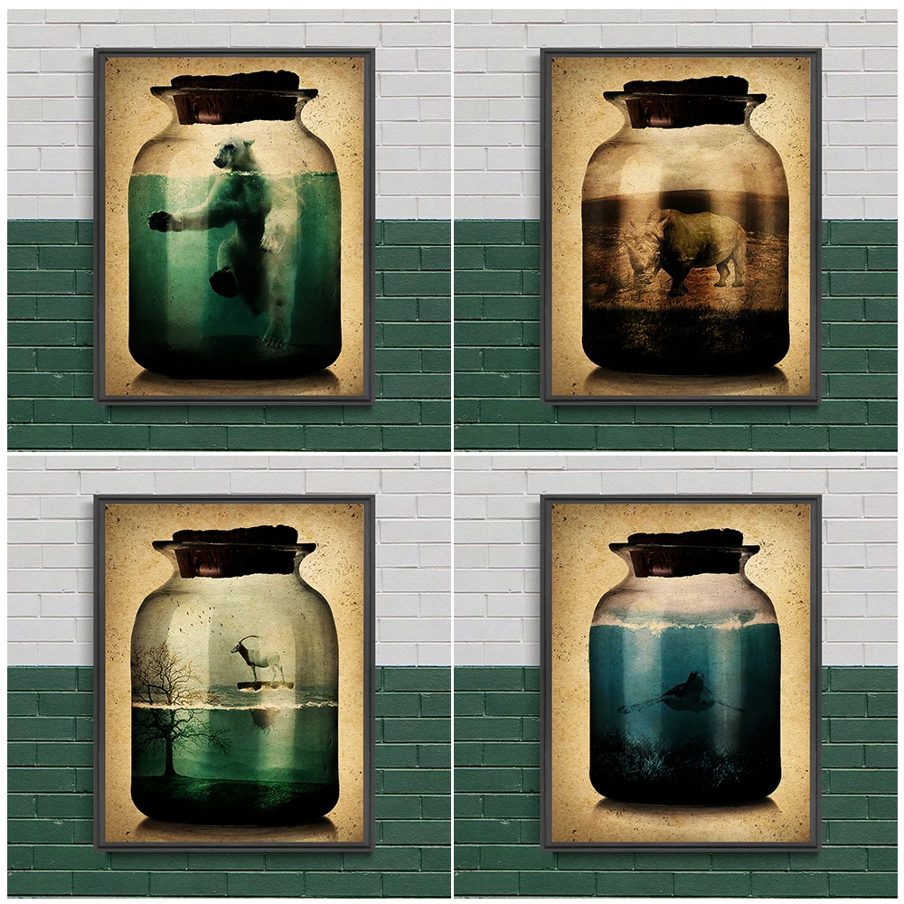 

Ecosystem In Bottle Wall Art Canvas Painting The Orangutan,Polar Bear,Sea Turtle,Giant Panda Art Poster And Print Decor Home Art