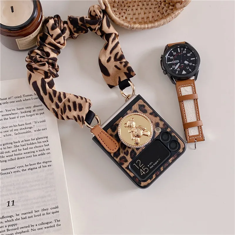woman sexy leopard print leather with cloth bracelet phone case for samsung galaxy z flip 3 5g cute gold bear bracket hard cover free global shipping