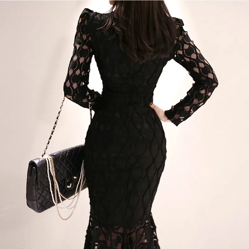 Robe en dentelle pour femmes, nouvelle collection automne et hiver, mode femme, tempérament, slim, sac amincissant, hanche queue de poisson, gaine, bureau