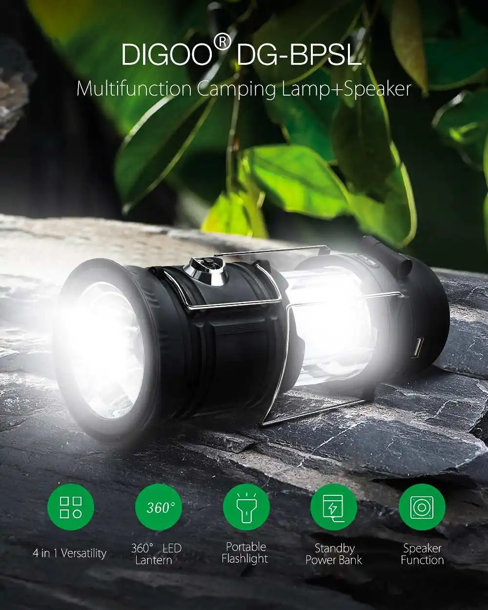DIGOO DG BPSL 4 в 1 многофункциональная лампа на солнечных батареях для кемпинга Bluetooth