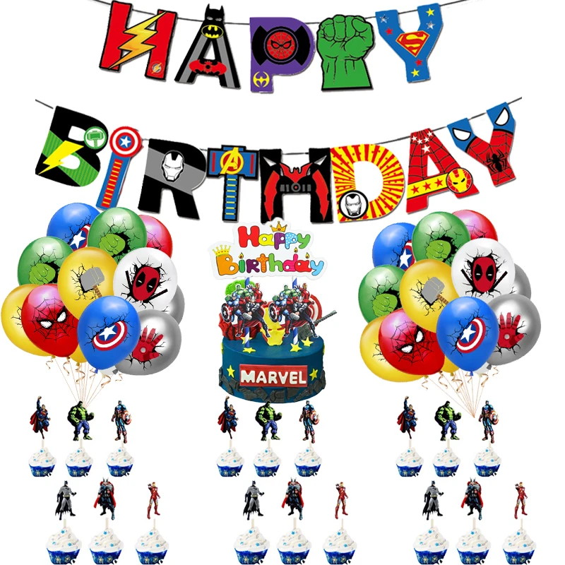 Set de decoración de fiesta de los vengadores de Marvel, Set de 50 unids/set de superhéroes, pancarta para Decoración de Pastel, globos de cumpleaños para niños